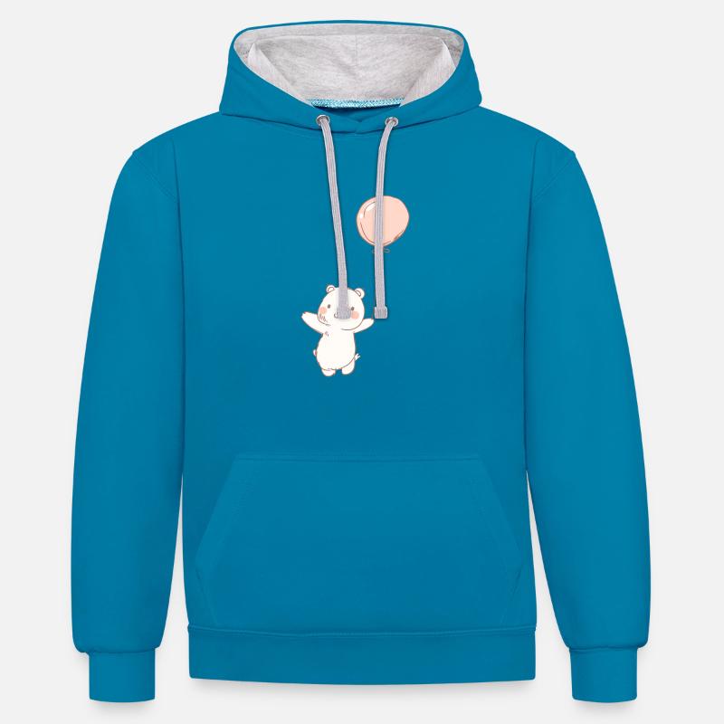 Nounours, ourson mignon ballon - Sweat à capuche contrasté - bleu paon/gris chiné