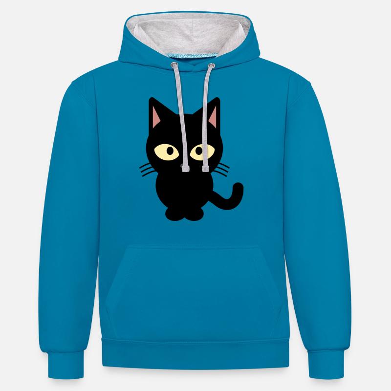 chat noir - Sweat à capuche contrasté - bleu paon/gris chiné