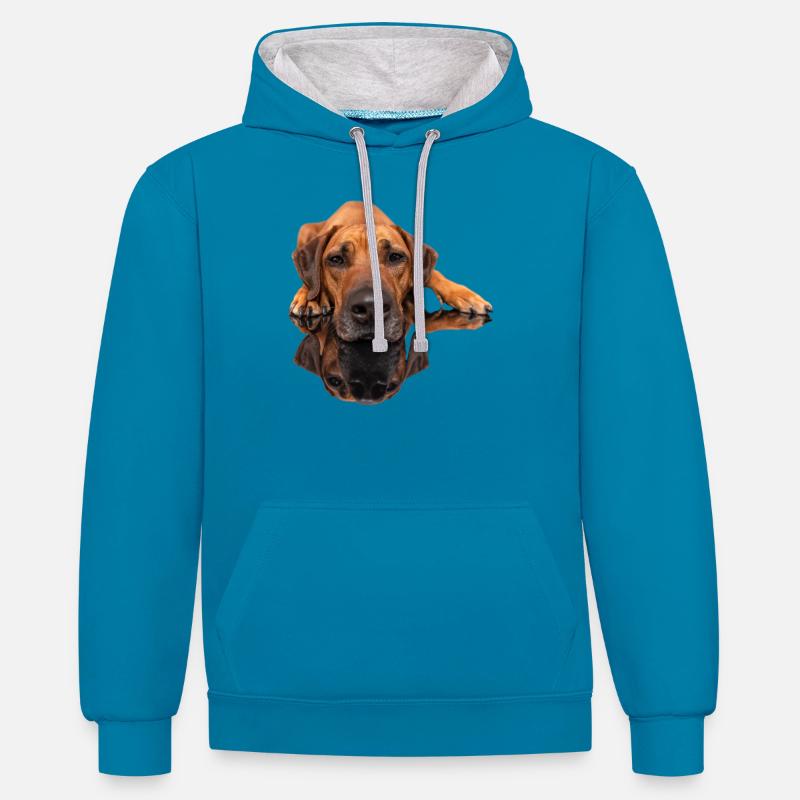 Rhodesian Ridgeback Photo - Image miroir - Sweat à capuche contrasté - bleu paon/gris chiné