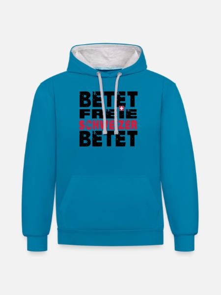 Betet freie Schweizer betet - Kontrast-Hoodie - Pfauenblau/Grau meliert