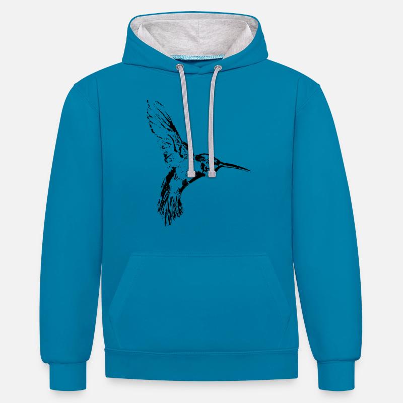 Colibri noir - Sweat à capuche contrasté - bleu paon/gris chiné