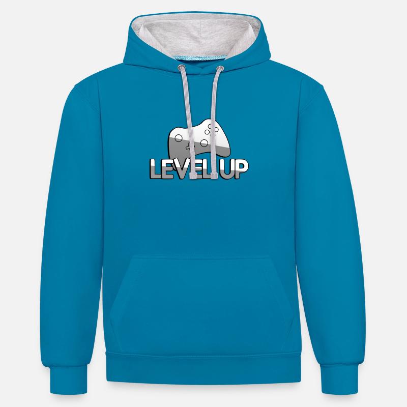 LEVEL UP + Controller - Gaming - Kontrast-Hoodie - Pfauenblau/Grau meliert
