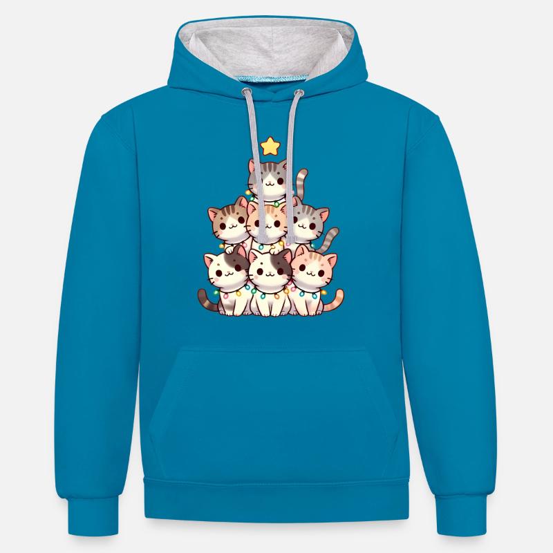 Weihnachtskratzbaum mit Lichtern - Kontrast-Hoodie - Pfauenblau/Grau meliert