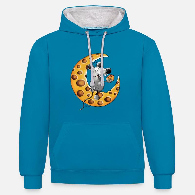 Maus liebt Käse - Kontrast-Hoodie - Pfauenblau/Grau meliert