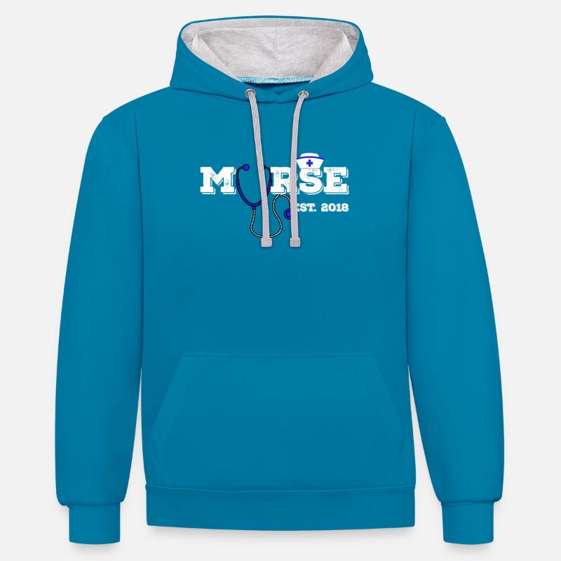 Murse est. 2018 Infirmière - Sweat à capuche contrasté - bleu paon/gris chiné