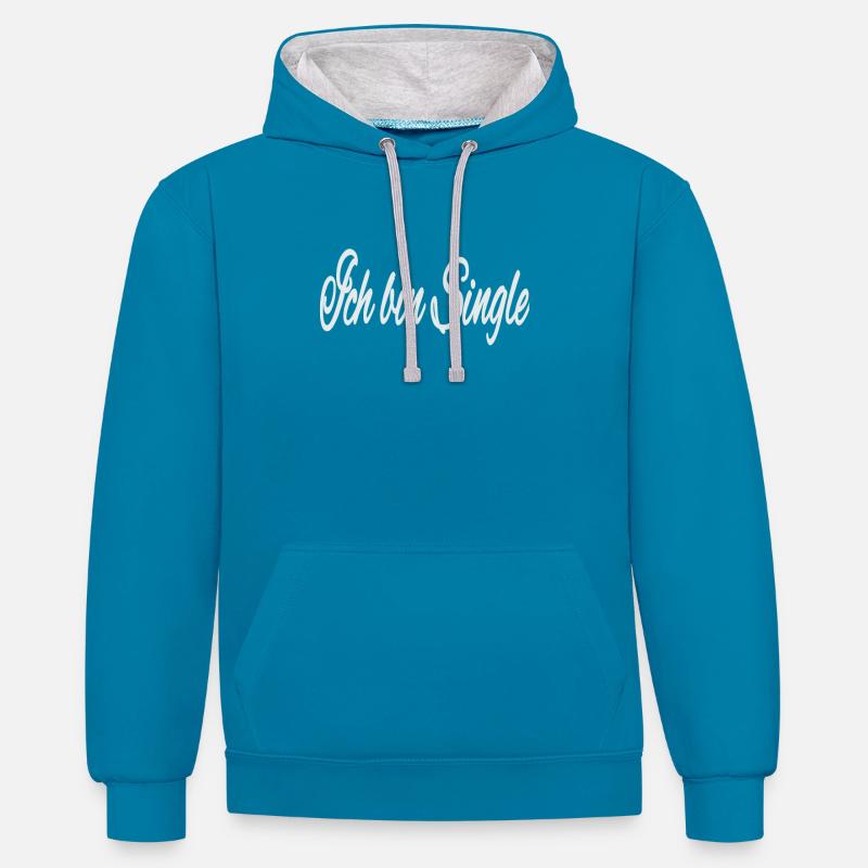 Je suis célibataire - Sweat à capuche contrasté - bleu paon/gris chiné