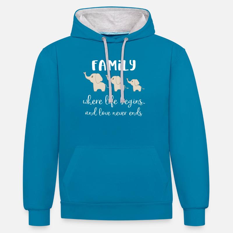 Eléphant - Amant éléphant - T-shirt éléphant - Sweat à capuche contrasté - bleu paon/gris chiné