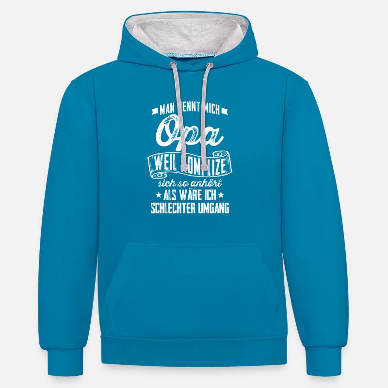 Grand-père = complice? - Cadeau - Sweat à capuche contrasté - bleu paon/gris chiné