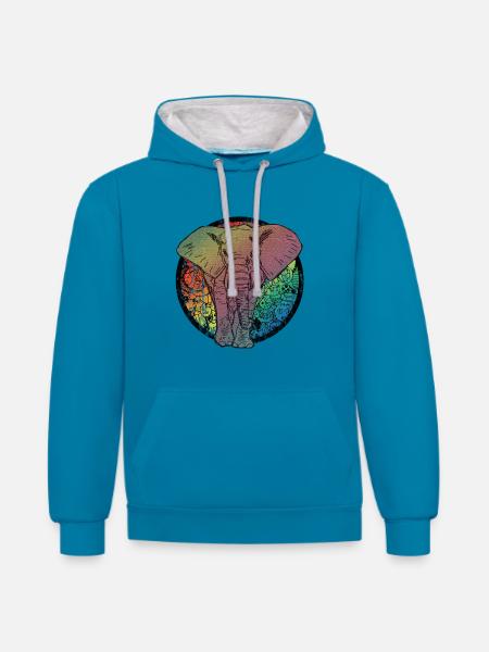 Elefant Comic - Kontrast-Hoodie - Pfauenblau/Grau meliert