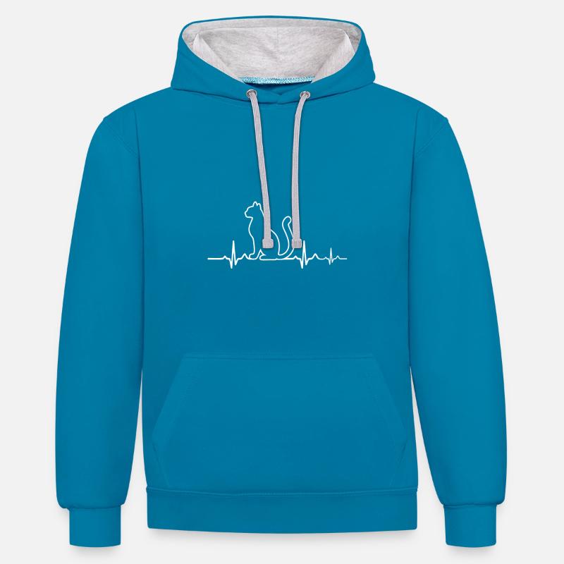 Chat - Sweat à capuche contrasté - bleu paon/gris chiné