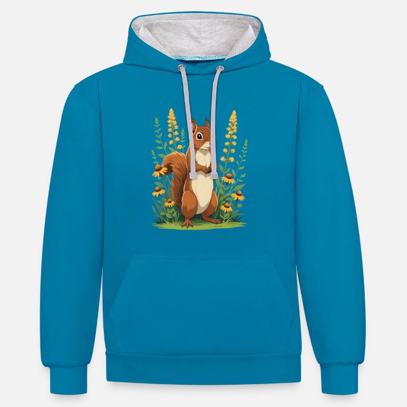 Charmant écureuil avec couronne de fleurs - Sweat à capuche contrasté - bleu paon/gris chiné