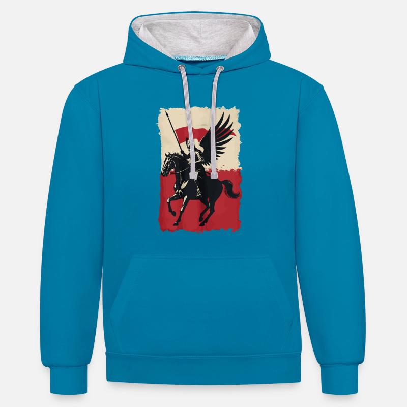 Hussard polonais avec motif de drapeau - Sweat à capuche contrasté - bleu paon/gris chiné