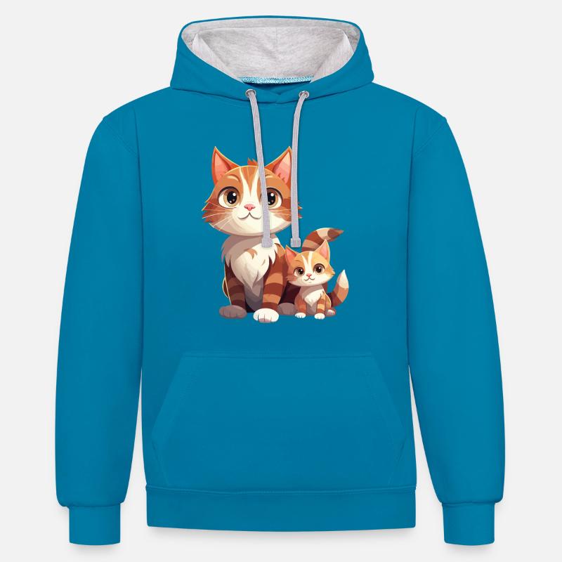 Chat amitié dessin animé Style chat - Sweat à capuche contrasté - bleu paon/gris chiné