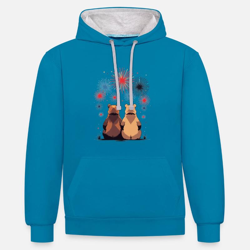 Deux ours aux feux d’artifice - Sweat à capuche contrasté - bleu paon/gris chiné