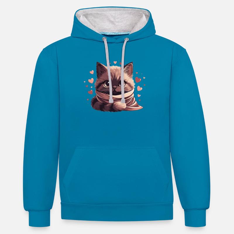 Gemütliches Kätzchen, eingewickelt in einen Schal - Kontrast-Hoodie - Pfauenblau/Grau meliert