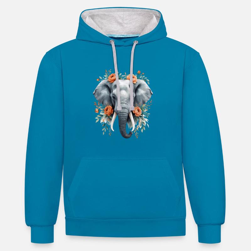 Éléphant avec une couronne de fleurs - Sweat à capuche contrasté - bleu paon/gris chiné