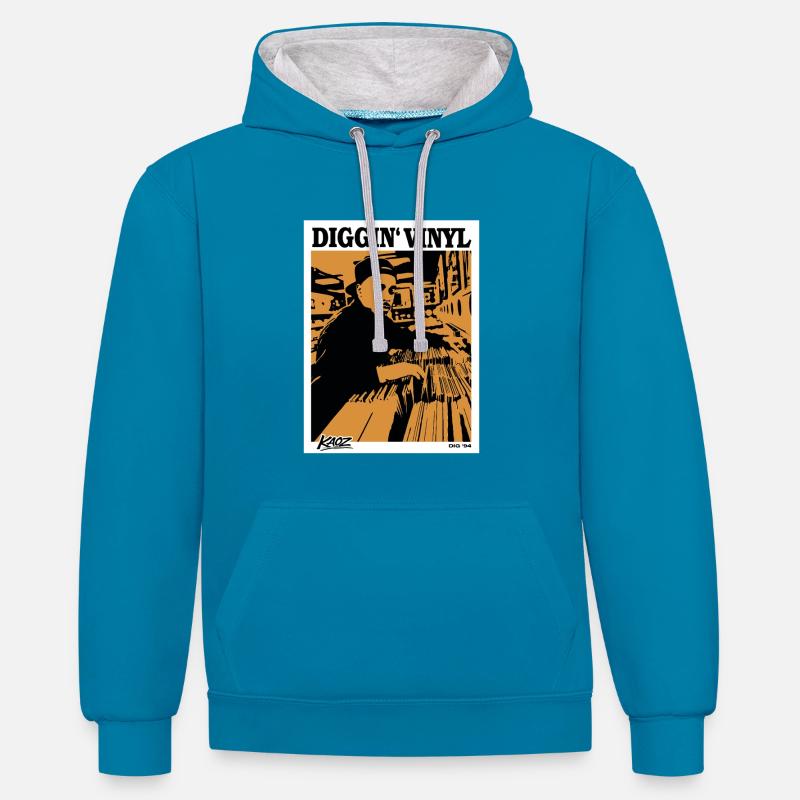 Affiche de disques vinyles 94 - Sweat à capuche contrasté - bleu paon/gris chiné