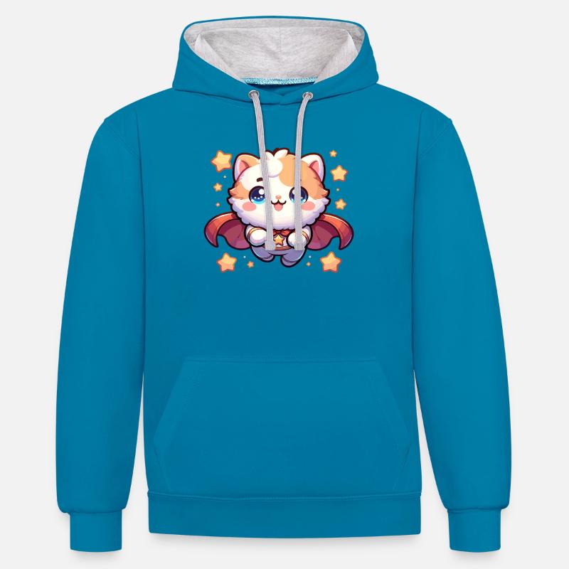 Héros Chaton, Super-héros Chat, Super Chaton - Sweat à capuche contrasté - bleu paon/gris chiné