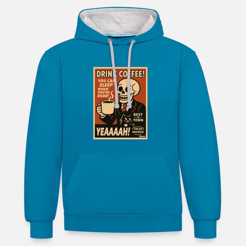 Affiche rétro de Coffee Skull - Sweat à capuche contrasté - bleu paon/gris chiné