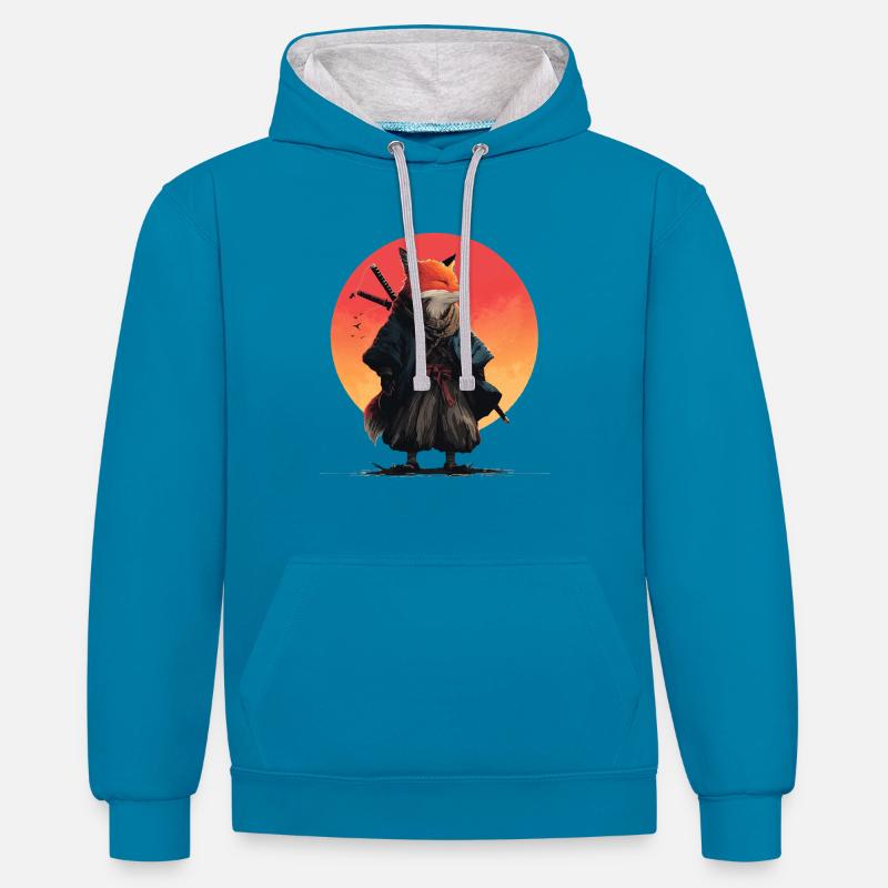 Fox Samurai au coucher du soleil - Sweat à capuche contrasté - bleu paon/gris chiné
