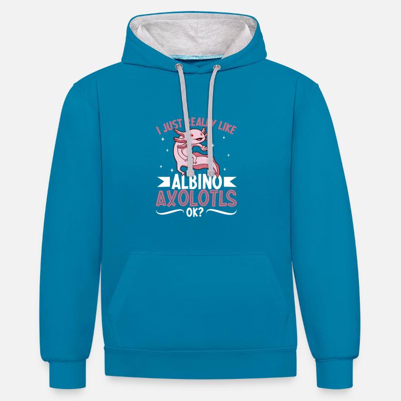 J’adore mon axolotl albinos - Sweat à capuche contrasté - bleu paon/gris chiné