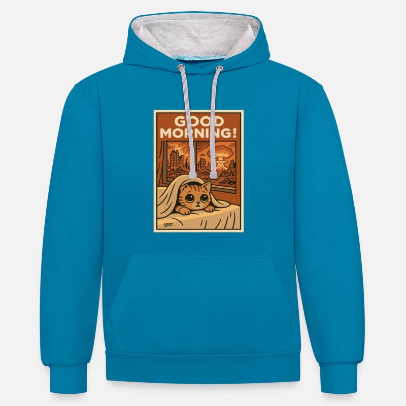 Bonjour : chaton apocalyptique - Sweat à capuche contrasté - bleu paon/gris chiné