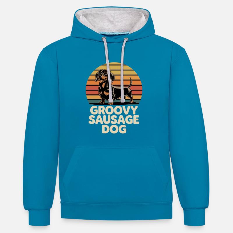 Teckel groovy - Sweat à capuche contrasté - bleu paon/gris chiné
