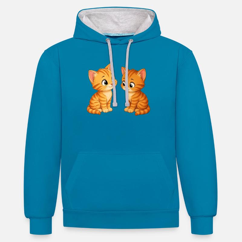 Deux mignons chatons - Sweat à capuche contrasté - bleu paon/gris chiné