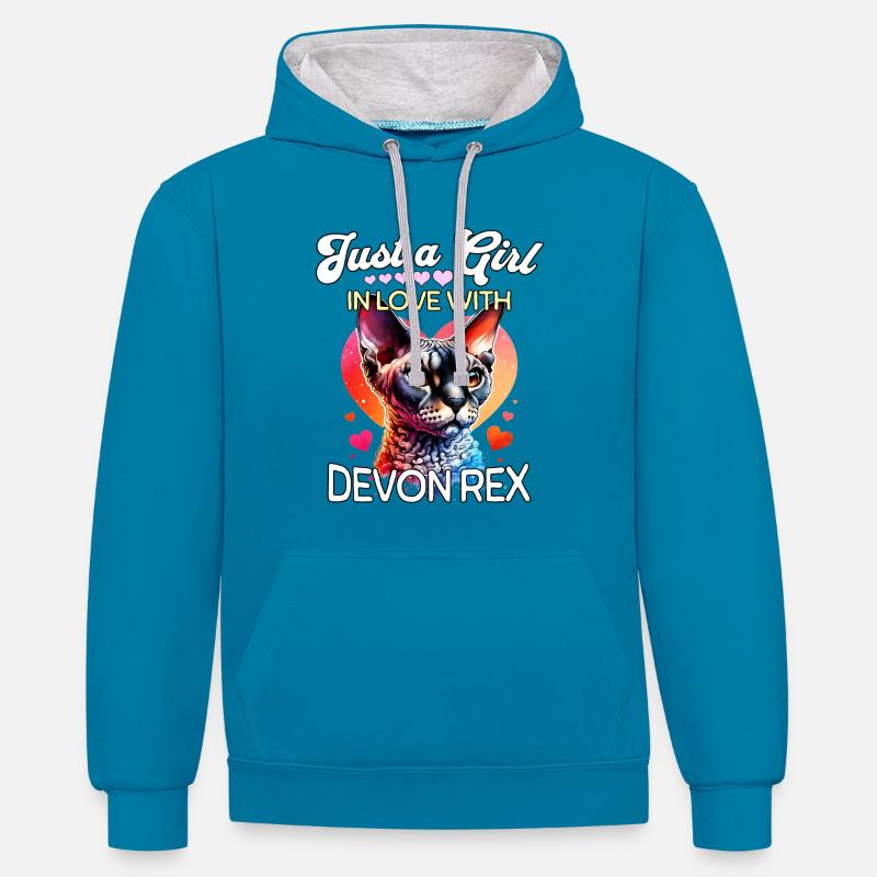 Devon Rex Girl - Sweat à capuche contrasté - bleu paon/gris chiné