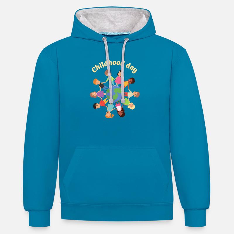 Journée de l’enfance - Sweat à capuche contrasté - bleu paon/gris chiné