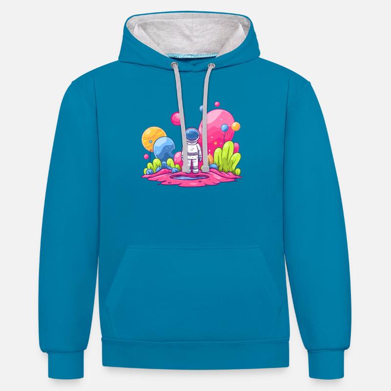 Astronaute dans l’espace rose - Sweat à capuche contrasté - bleu paon/gris chiné
