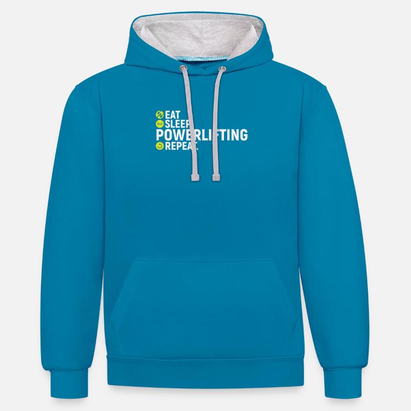 Manger, dormir, dynamophilie, répétition - Sweat à capuche contrasté - bleu paon/gris chiné