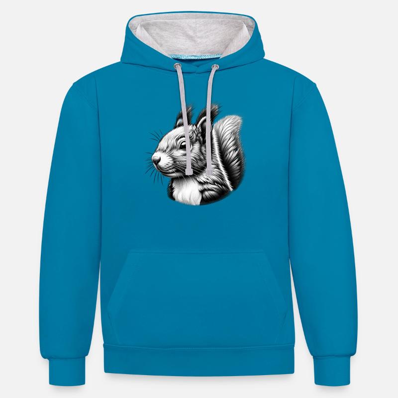 Noir blanc Art écureuil noix - Sweat à capuche contrasté - bleu paon/gris chiné
