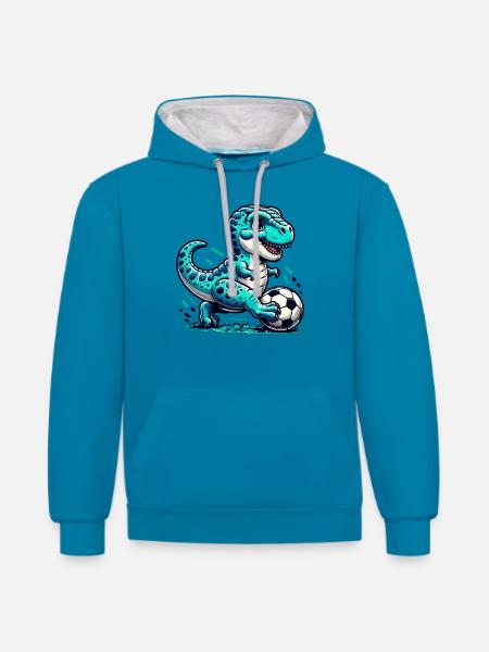 T-Rex Dinosaur Playing Soccer - Contrast hoodie - peacock blue/heather grey