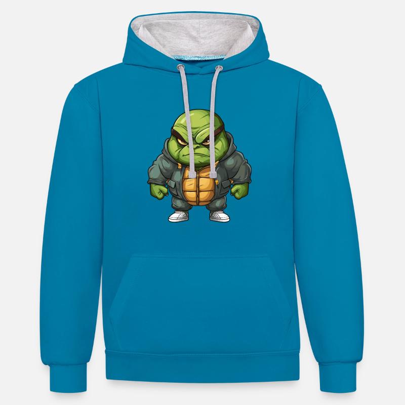 Grim Turtle Design - Cool & Unique - Sweat à capuche contrasté - bleu paon/gris chiné