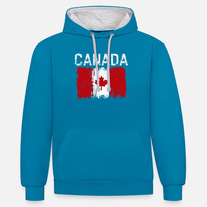 Imprimé du drapeau canadien vieilli - Sweat à capuche contrasté - bleu paon/gris chiné