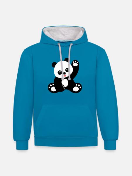 Cute sitting panda cartoon - Contrast hoodie - peacock blue/heather grey
