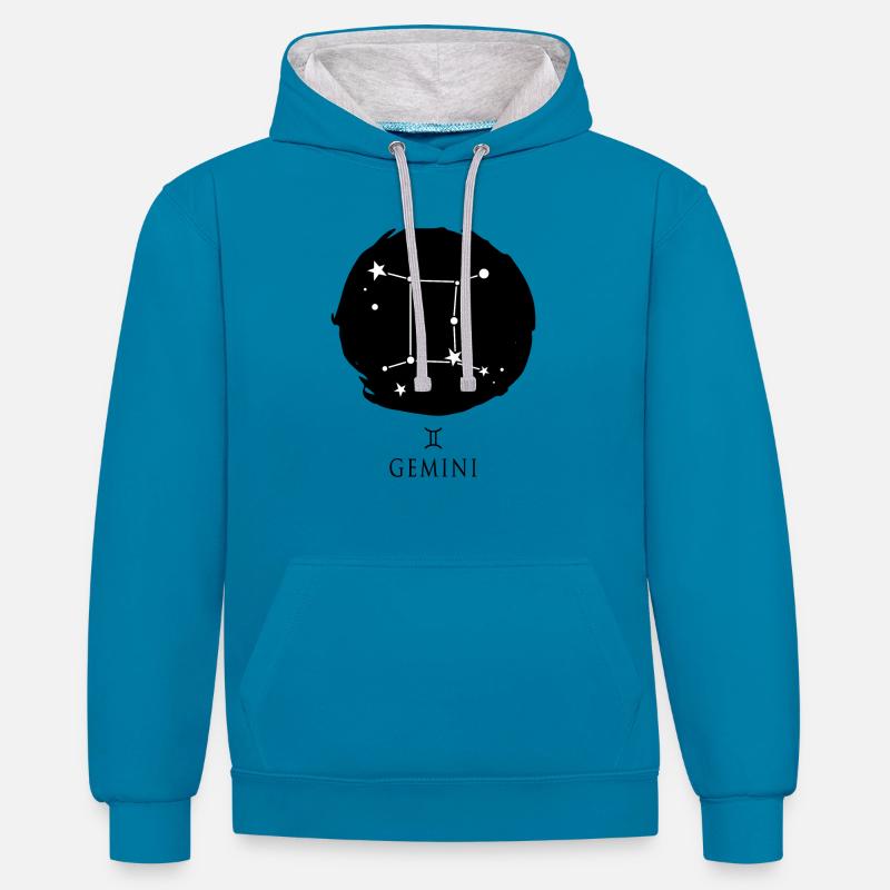 Astrologie Gémeaux constellation Gemini - Sweat à capuche contrasté - bleu paon/gris chiné