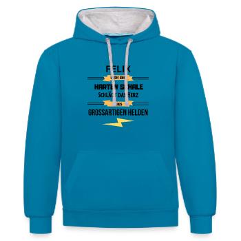 Felix unter harte Schale eines Großartigen Helden - Kontrast-Hoodie - Pfauenblau/Grau meliert - Vorne - Liana (172cm) & Jaron (178cm)
