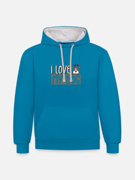 J'adore mon chien - Sweat à capuche contrasté - bleu paon/gris chiné
