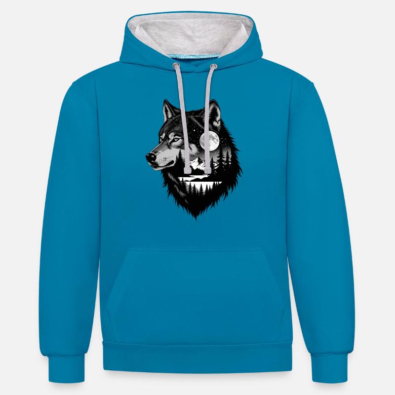 Schwarzer Wolf Wolfportrait. Wolfdesign - Kontrast-Hoodie - Pfauenblau/Grau meliert