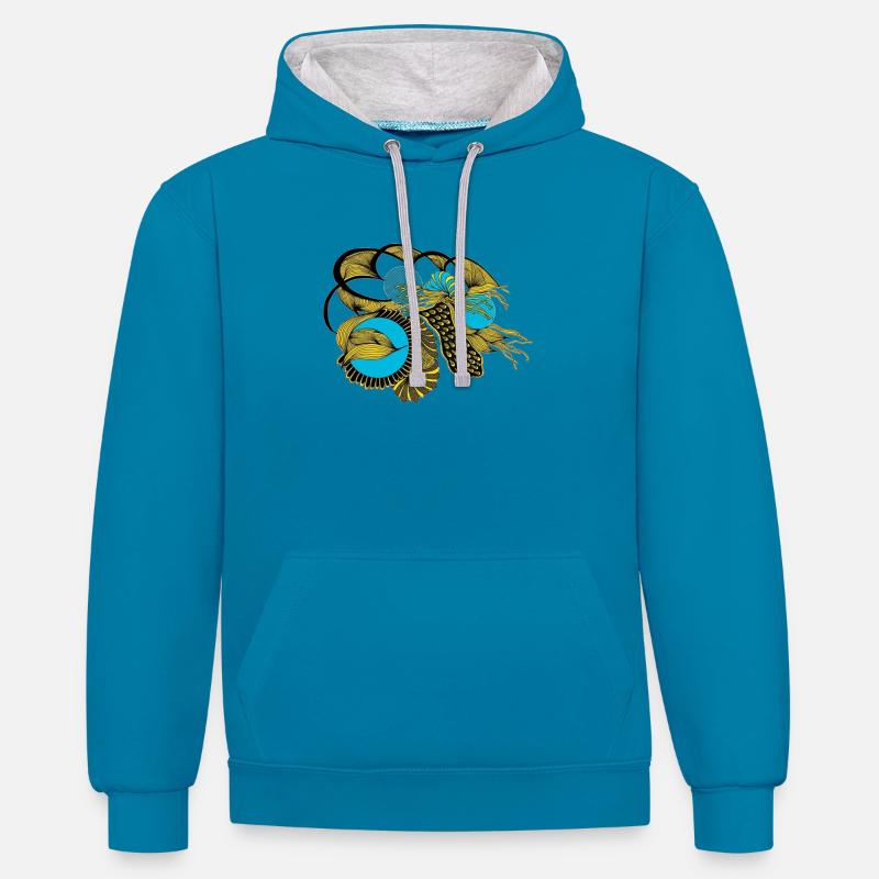 Koï doré avec cercles bleus - Sweat à capuche contrasté - bleu paon/gris chiné
