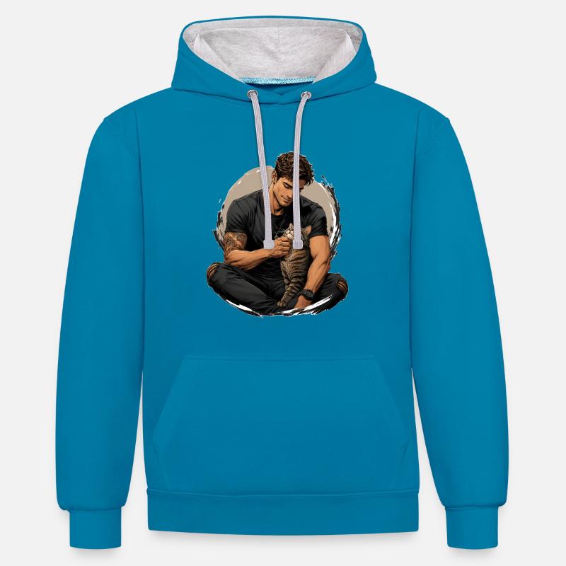 Homme avec chat : proximité silencieuse - Sweat à capuche contrasté - bleu paon/gris chiné