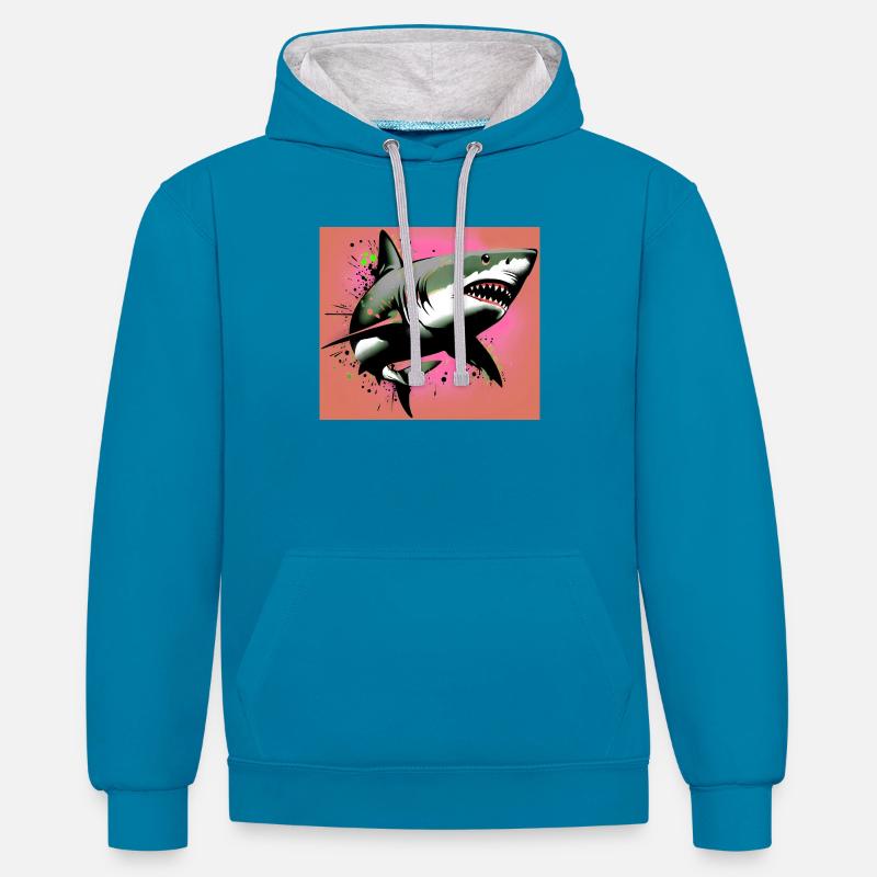 Requin - Sweat à capuche contrasté - bleu paon/gris chiné