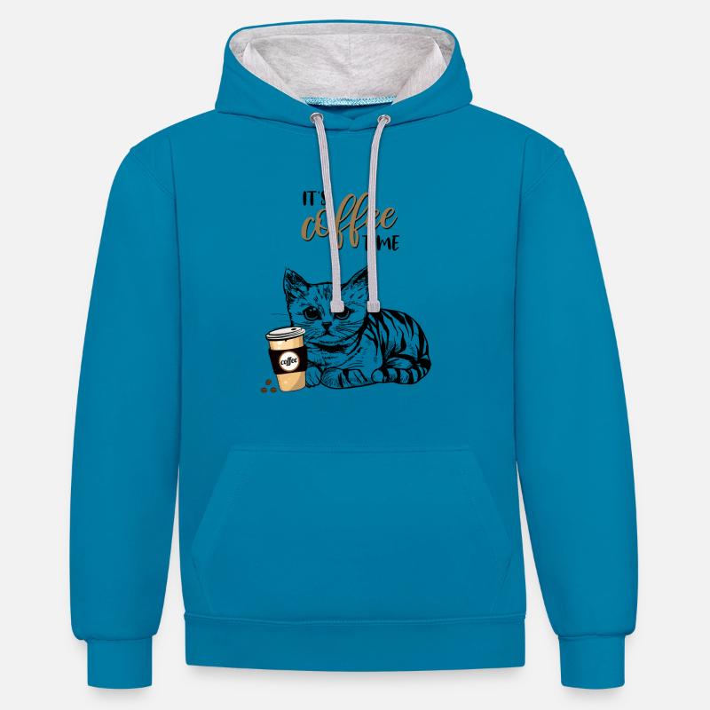 C'est l'heure du café - Sweat à capuche contrasté - bleu paon/gris chiné