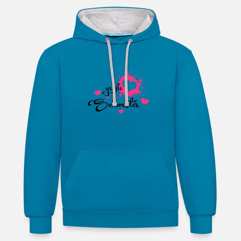 Große Schwester mit Herzchen - Kontrast-Hoodie - Pfauenblau/Grau meliert