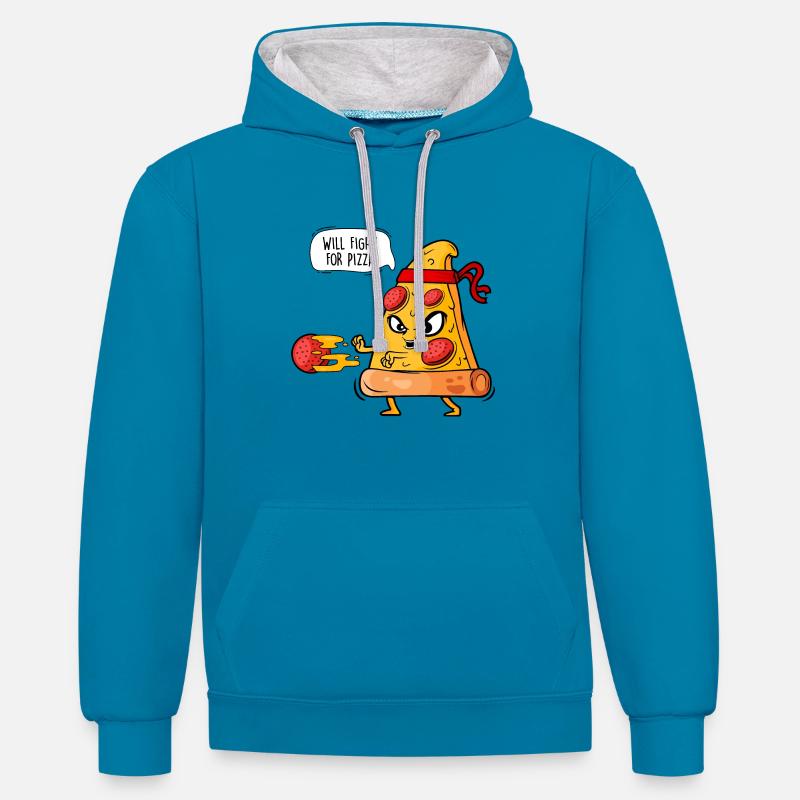 Battez-vous pour la pizza - Sweat à capuche contrasté - bleu paon/gris chiné