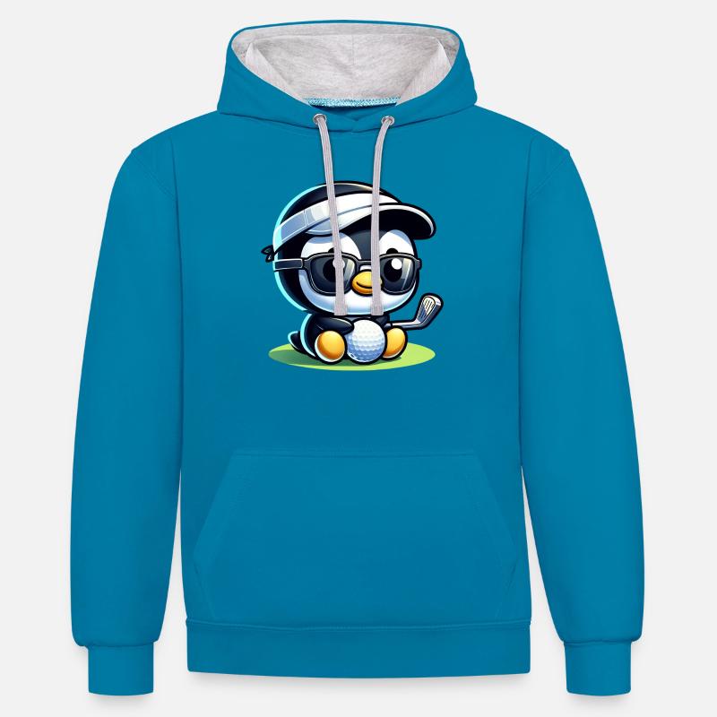 Cool Funny Penguin Golfer - Sweat à capuche contrasté - bleu paon/gris chiné