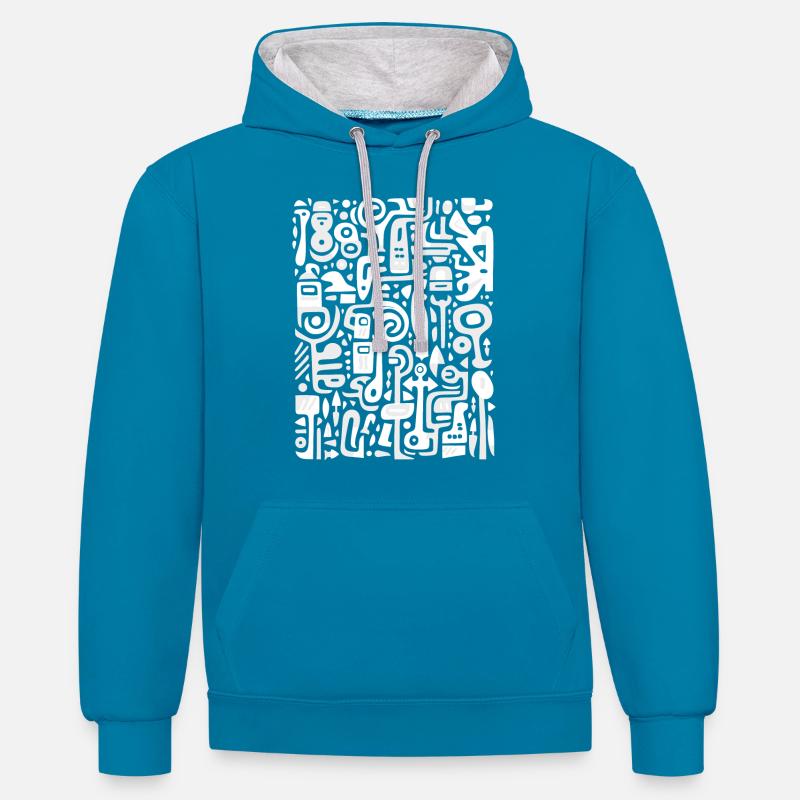 Abstract Symbolic Pattern - Kontrast-Hoodie - Pfauenblau/Grau meliert