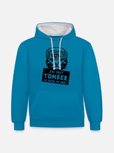 chat tomber sapin noel citation prisonnier humour - Sweat à capuche contrasté - bleu paon/gris chiné
